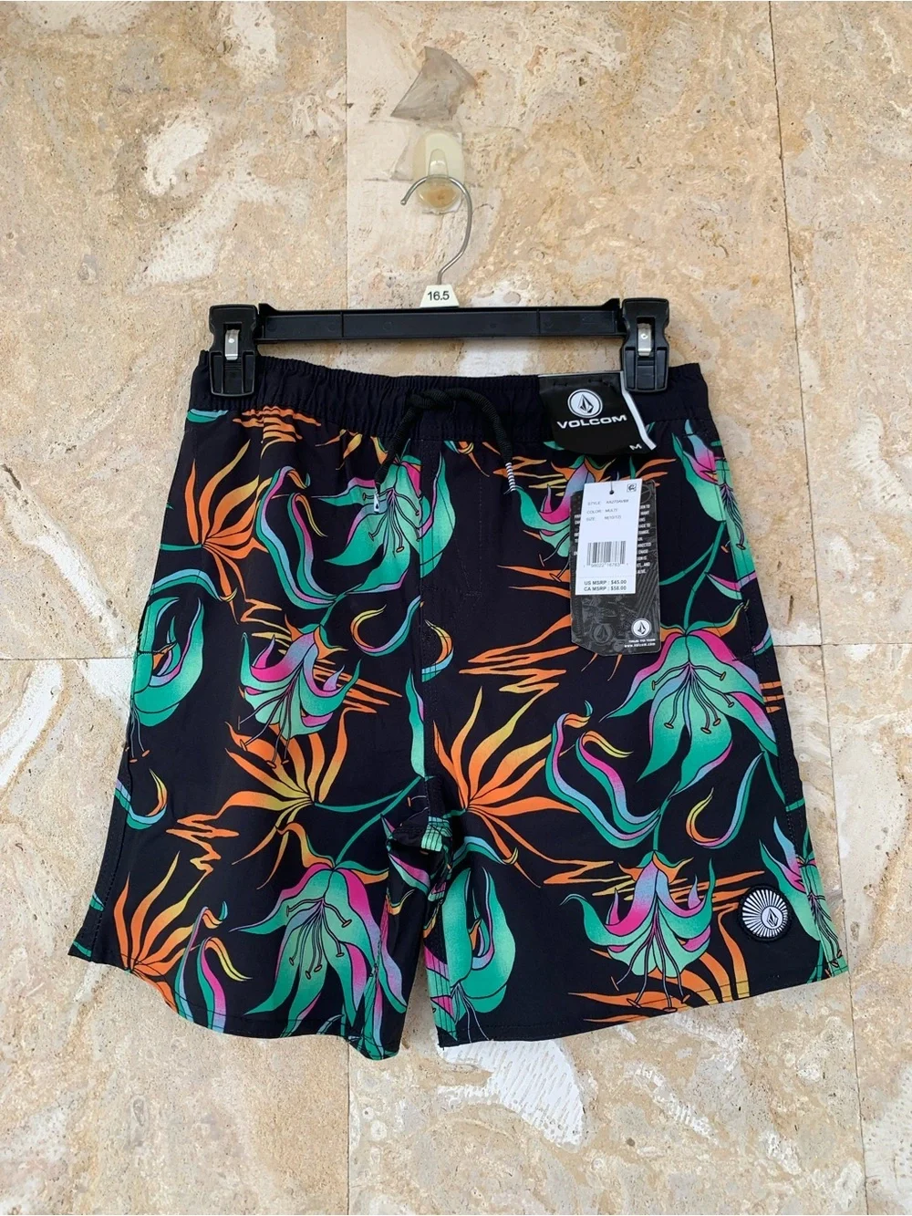 Volcom Boy’s Black Swim Shorts with Green, Orange & Pink Floral Print